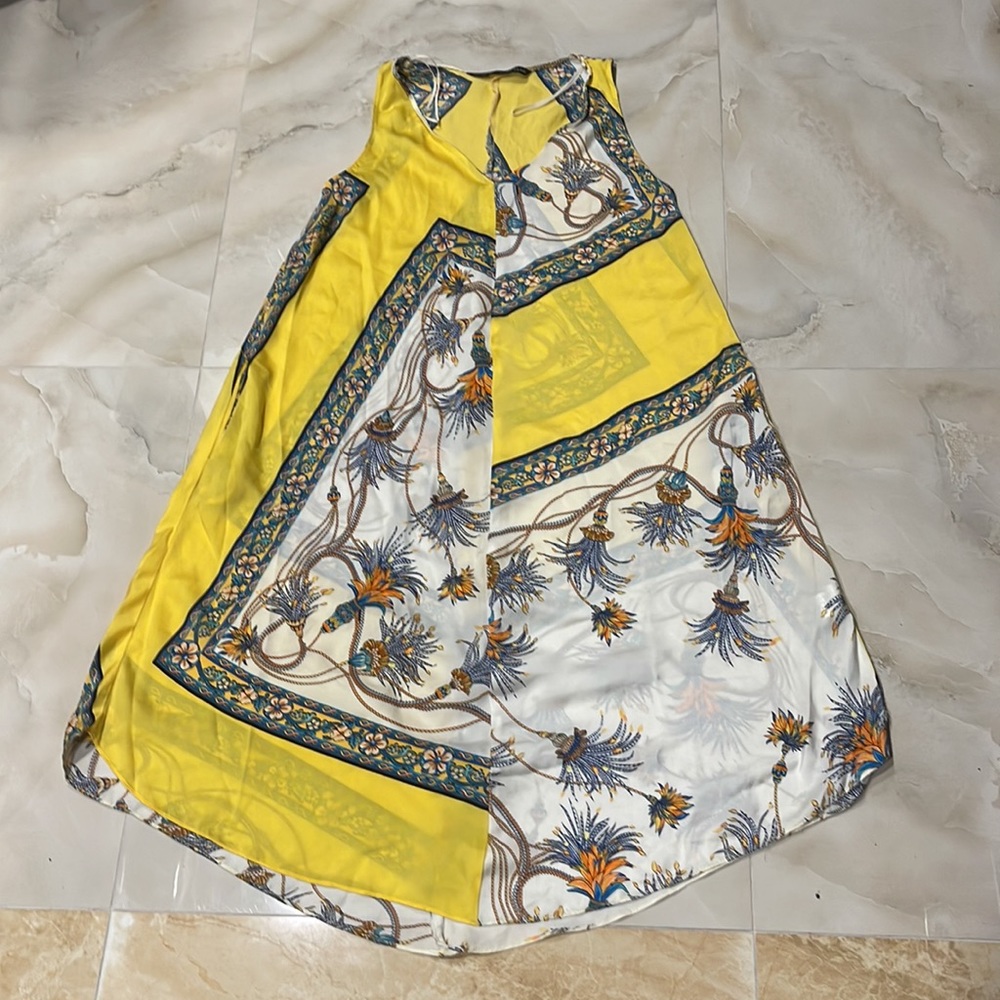 ZARA Basic - Handkerchief Midi Tent Dress Pockets - Yellow / Floral Print - S